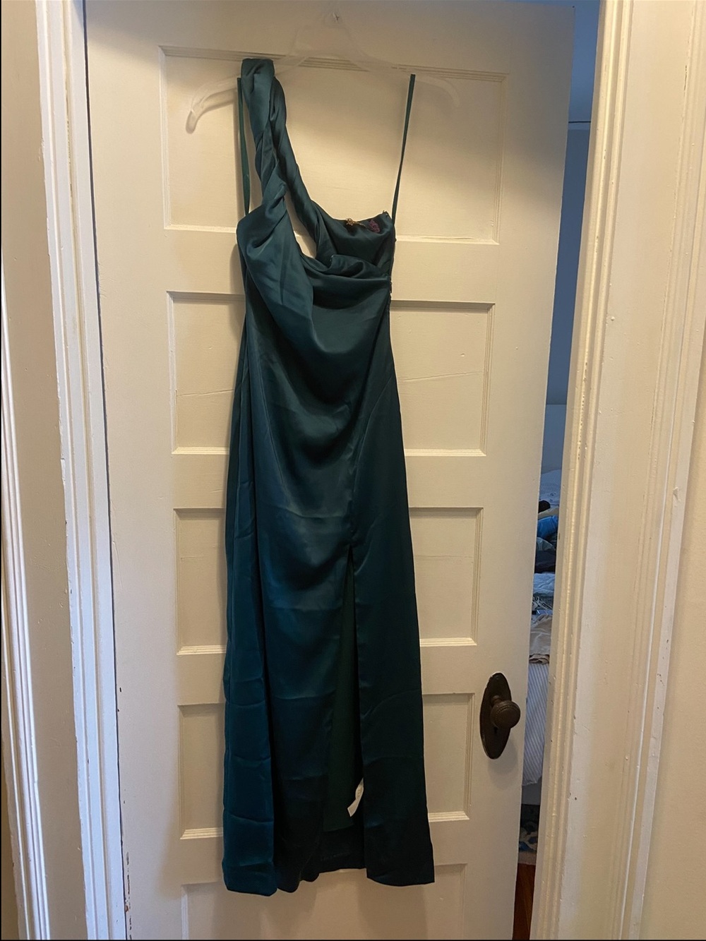 Free People Teal One-Shoulder Satin Maxi Dress with Front Slit - Picture 6 of 8